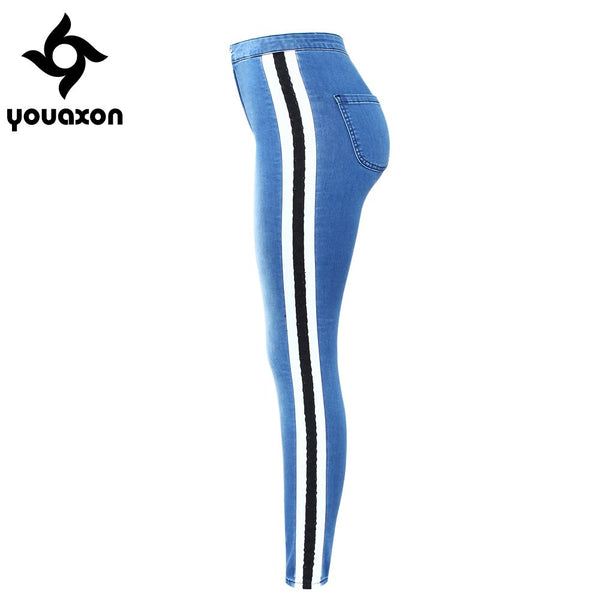 2136 New Plus Size High Waist Jeans With Side Stripes Woman Stretchy Denim Skinny Pants Trousers For Women Jeans
