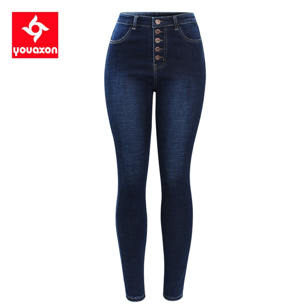 2141 Youaxon Arrived High Waist Jeans For Women Stretchy Dark Blue Button Fly Denim Skinny Pants Trousers
