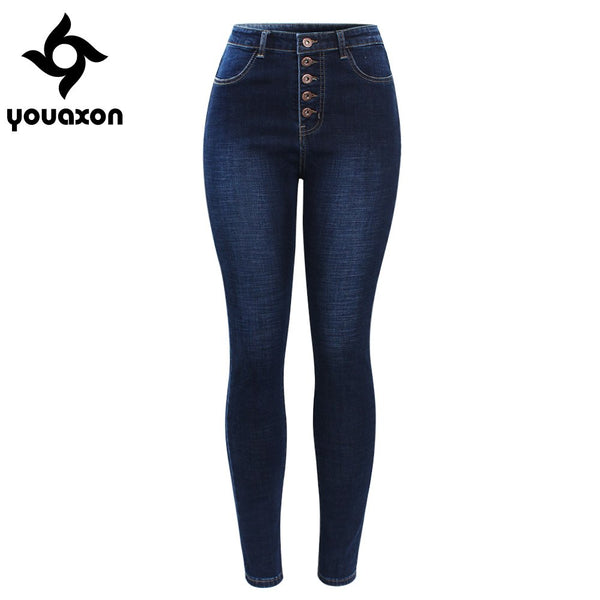 2141 New Arrived High Waist Jeans For Women Stretchy Dark Blue Button Fly Denim Skinny Pants Trousers