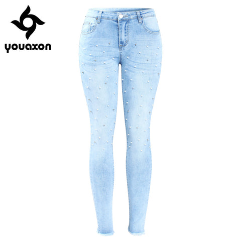 2147 New Arrived Plus Size Jeans With Studded Pearls Woman Elegant Stretchy Denim Skinny Pants Trousers For Women