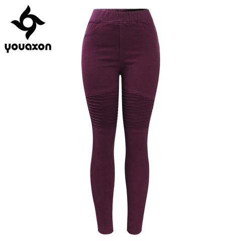 2148 Motor Biker High Waist Pleated Jeans Woman Burgundy Stretchy Denim Skinny Pencil Pants Trousers For Women