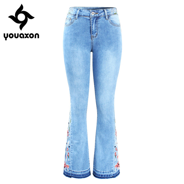 2152 New Arrived Embroidery Flare Jeans Woman Ultra Stretchy Skinny Denim Pants Trousers For Women