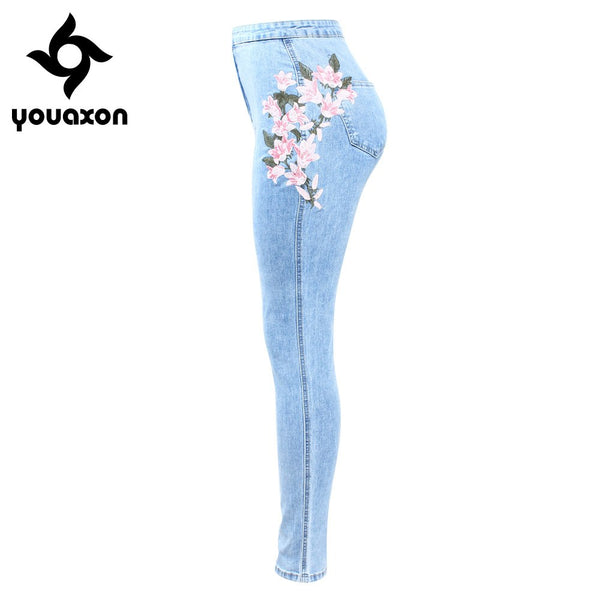 2157 New Arrived High Waist Embroidery Jeans Woman Big Size Stretchy Flower Denim Skinny Pencil Pants Trousers For Women
