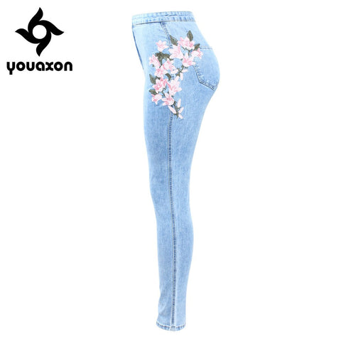2157 New Arrived High Waist Embroidery Jeans Woman Big Size Stretchy Flower Denim Skinny Pencil Pants Trousers For Women