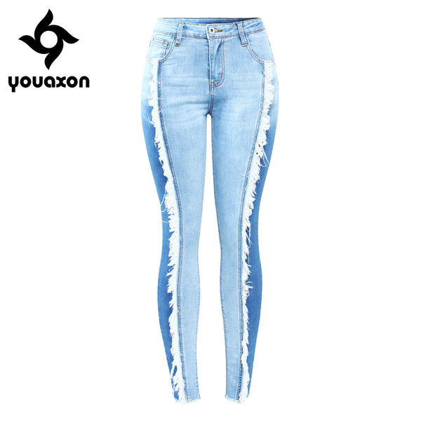 2158 New Arrived Plus Size Tassel Jeans Woman Stretchy Patchwork Denim Skinny Pencil Pants Trousers For Women