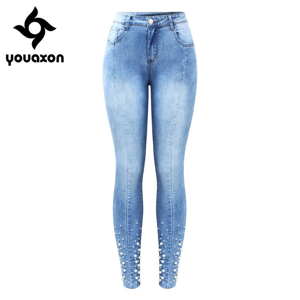 2160 New Pearl Studded Jeans Women`s Mid High Waist Stretch Patchwork Denim Skinny Pants OL Jeans For Women