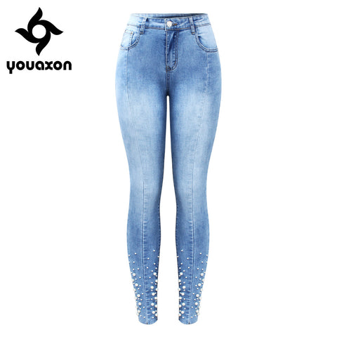 2160 New Pearl Studded Jeans Women`s Mid High Waist Stretch Patchwork Denim Skinny Pants OL Jeans For Women
