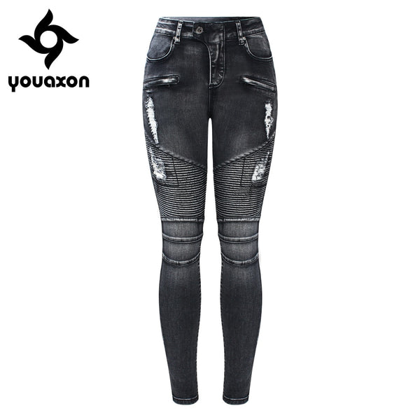 2168 New Black Motorcycle Biker Zip Jeans Women`s Mid High Waist Stretch Denim Skinny Pants Motor Jeans For Women