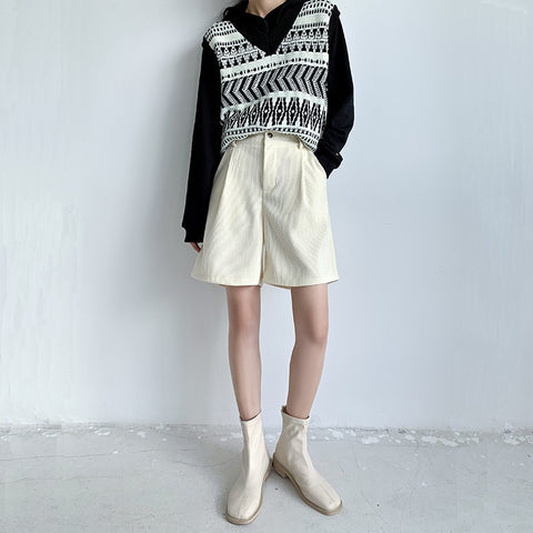 21Autumn Winter White Shorts Korean Elastic Waist Corduroy Shorts Over Size Wide-leg Short Black High Waist Casual Pants