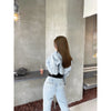 21ss Autumn/winter Style Leather Design with Holes, Washed Light-colored High-waisted Hips and Slimming Casual Women's Jeans