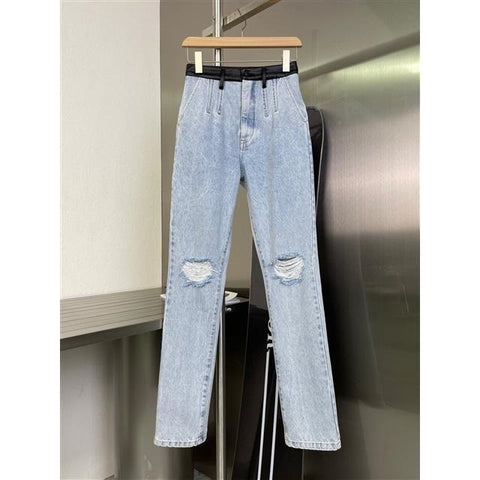 21ss Autumn/winter Style Leather Design with Holes, Washed Light-colored High-waisted Hips and Slimming Casual Women's Jeans
