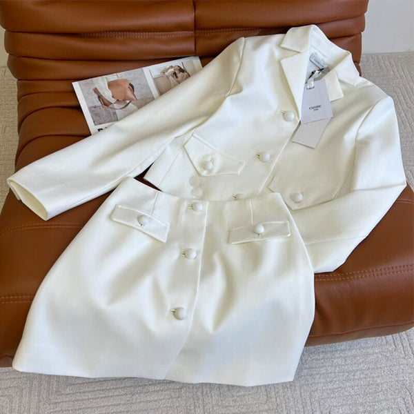 22 Autumn 2 Piece Women Suit White Lapel Long Sleeve Blazer High Waist Single Breasted Skirt Solid Elegent Matching Set