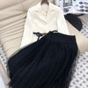 22 2 Piece Blazer Set Women Lapel Metal Buckle Belt Suit Coat High Waist Mesh Skirt Black White Solid Color Elegent Suit