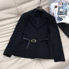 22 2 Piece Blazer Set Women Lapel Metal Buckle Belt Suit Coat High Waist Mesh Skirt Black White Solid Color Elegent Suit