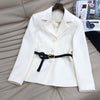 22 2 Piece Blazer Set Women Lapel Metal Buckle Belt Suit Coat High Waist Mesh Skirt Black White Solid Color Elegent Suit