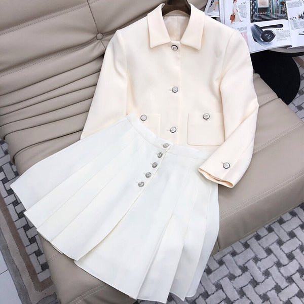 22 SA Women 2 Piece Blazer Skirt Set Long Sleeve Lapel Single Breasted Jacket High Waist Pleated A-line Skirts Solied Color Suit