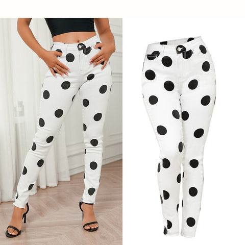230 Women Jeans Trendy Polka Dot Elastic Slim Fit Streetwear White Zipper Pockets Hip Lifting Female Denim Pencil Pants