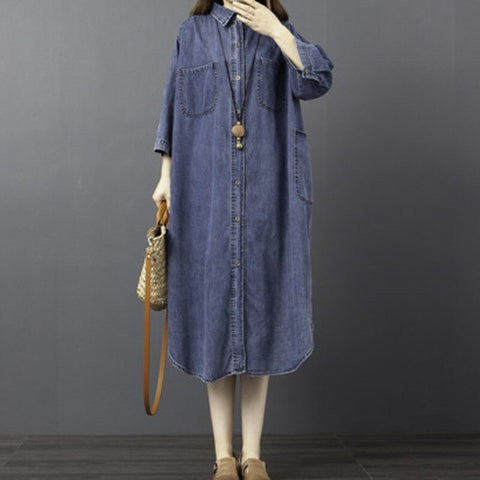 #2468 Spring Autumn Button Front Shirt Dress Women Lapel Collar Asymmetrical Shirt Dress Loose Vintage Midi Denim Dress Female