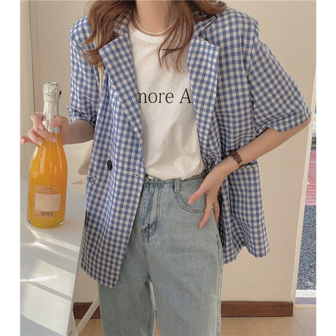 2Colors korean style breif Short sleeve Plaid blazer womens 2023 Summer Loose jacket and coats casual blazer womens (k8183)