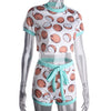 2PCS Set Retro Women Coconut Candy Print Causal Summer Suits Short Sleeve Crop Tops Skinny Shorts Tracksuit