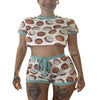 2PCS Set Retro Women Coconut Candy Print Causal Summer Suits Short Sleeve Crop Tops Skinny Shorts Tracksuit
