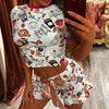 2PCS Set Retro Women Coconut Candy Print Causal Summer Suits Short Sleeve Crop Tops Skinny Shorts Tracksuit
