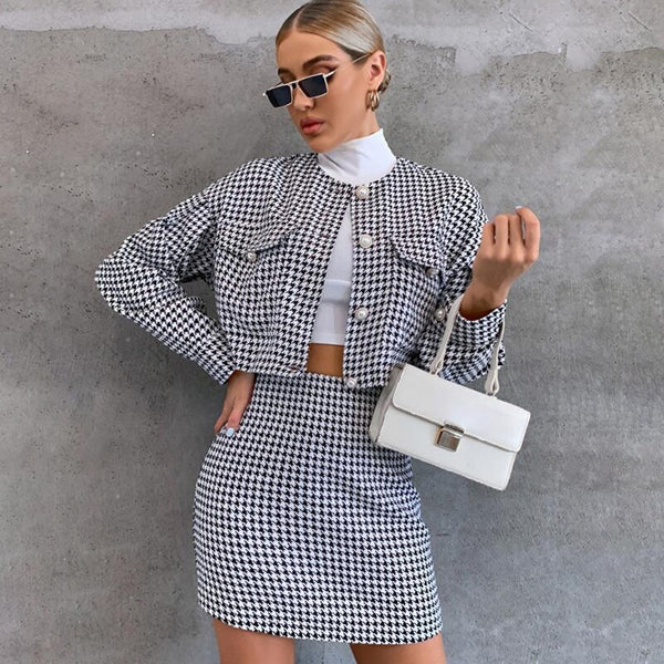 2Pieces Women Houndstooth Skirt Suits Fall Winter Elegant Long Sleeve Single Breasted Jackets High Waist Mini Skirts