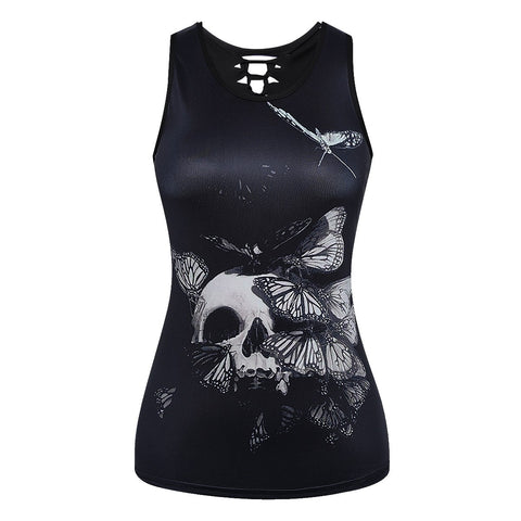 2XL Plus Size Women Summer Tank Tops Halloween Ghost Skull Digital Printing Top Sexy Back Hollow Cotton Sleeveless Vest Tanks
