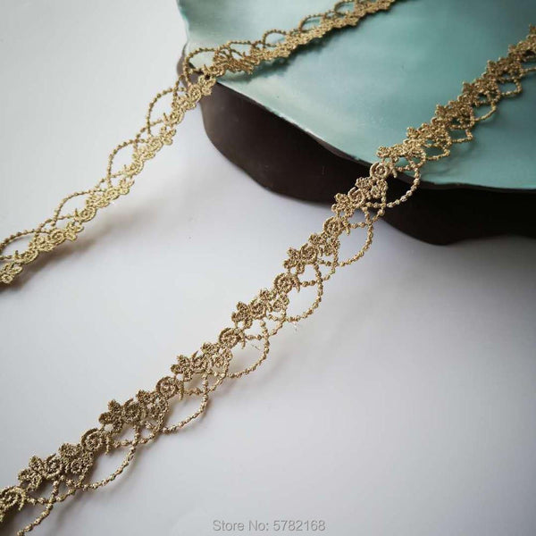 2Yards/2.1cm Narrow Light Gold Silver Lace Trim Applique Trimming  Embroidery Light Gold Lace Ribbon for Wedding Dresses