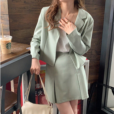 2pcs SM women Blazer Skirt set 2022 spring autumn Preppy style pink Green blazer+mini skirts two pieces Clothing set (X1875)