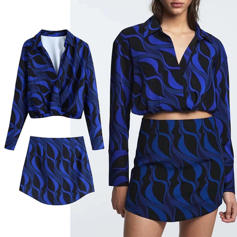 2pcs Women Printed Shirt + Skirts Set 2023 Geometric Printed Long Sleeve Blouses Spring Summer Shorts