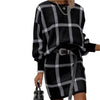 2pcs/set Women Pullover Blazer Skirt Suits Knitted Plaid Interview Work Crew Neck Loose Blouse Shirts Top Women Suits Sets