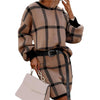2pcs/set Women Pullover Blazer Skirt Suits Knitted Plaid Interview Work Crew Neck Loose Blouse Shirts Top Women Suits Sets