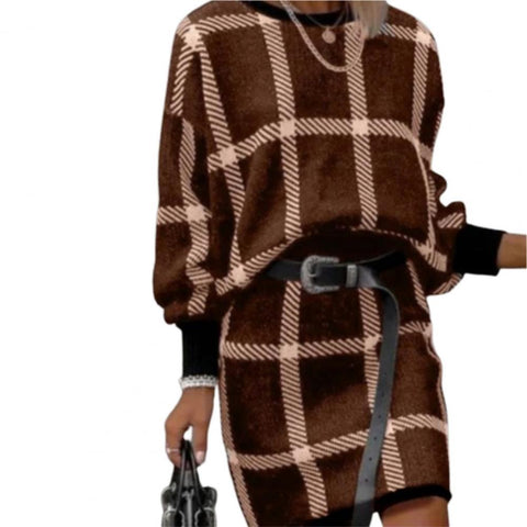 2pcs/set Women Pullover Blazer Skirt Suits Knitted Plaid Interview Work Crew Neck Loose Blouse Shirts Top Women Suits Sets