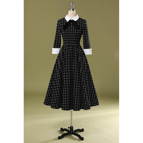 3/4 Long Sleeve Vintage Plaid Dress VD1663 Vintage Tunic Rockabilly Black Gingham Spring Rockabilly Swing Midi Dresses For Party