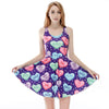 3 Patterns Women Blue Heart Print Summer Dress Blue Pink 3D Print Pleated Dresses Above Knee S To 4xL