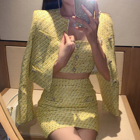 3 Pcs Set Skirt Blazer Women's Suit O-Neck Sequined Striped Diamonds Buttons Camis Office Ladies Jackets Blazers Skirt Set 2023