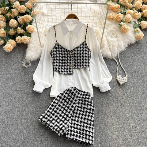 3 Piece Shorts Suits V Neck Long Sleeve White Shirt&Plaid Little Camisole&High Waist Wide Leg Short Pants Vintage Chic 3pc Sets