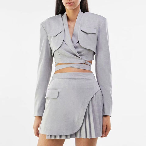 3 Pieces Women Blazer+Vest+Skirt Set Vintage Stylish Vest Notched Jacket Bandage Long Sleeve Blazer Folds Skirts Outerwear