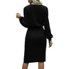 2023 Spring Women's Dresses Fashion Solid Color Round Neck Waist Lantern Long Sleeve Slit Bag Hip Dress