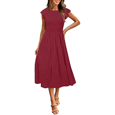 Women's Summer Short Sleeve Smocked Midi Dress Crewneck Swiss Dot Flowy Tiered Dresses