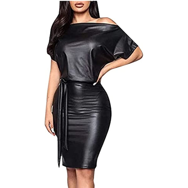 Leather Dress for Women Sexy Short Sleeve Casual One Shoulder Belt Party Club Bodycon Dress