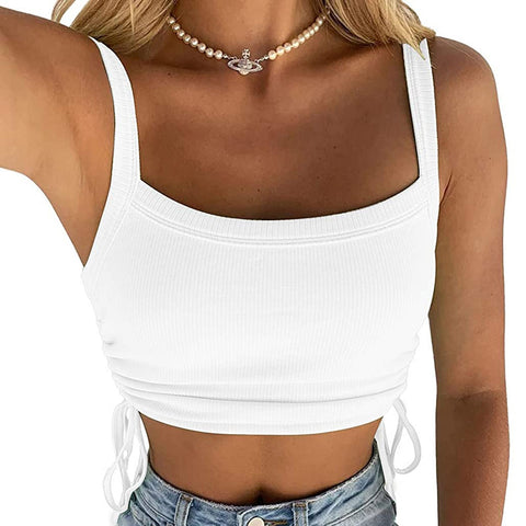 35# Crop Top Women Sexy One Shoulder Belt Tank Tops Hollow Wrinkled Bandage Vest Summer Camisole Top 2022 топ женский