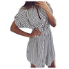 38# Womens Drawstring Bandage Short Sleeve Stripe Print Lapel Shirt Dress Party Dress Elegant Sundress Summer Dress 2022