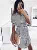 38# Womens Drawstring Bandage Short Sleeve Stripe Print Lapel Shirt Dress Party Dress Elegant Sundress Summer Dress 2022