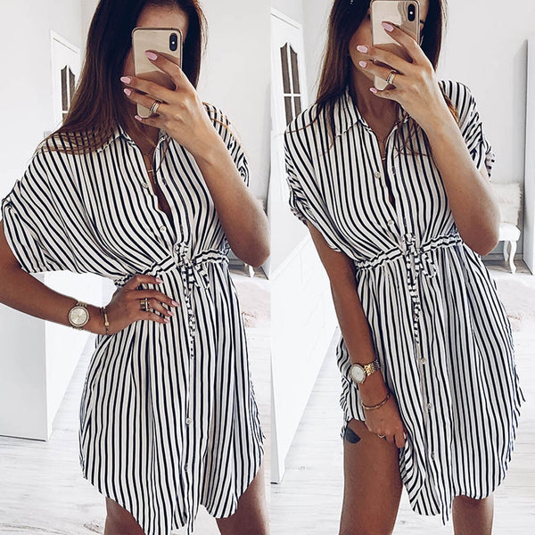 38# Womens Drawstring Bandage Short Sleeve Stripe Print Lapel Shirt Dress Party Dress Elegant Sundress Summer Dress 2022