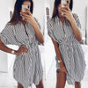 38# Womens Drawstring Bandage Short Sleeve Stripe Print Lapel Shirt Dress Party Dress Elegant Sundress Summer Dress 2022