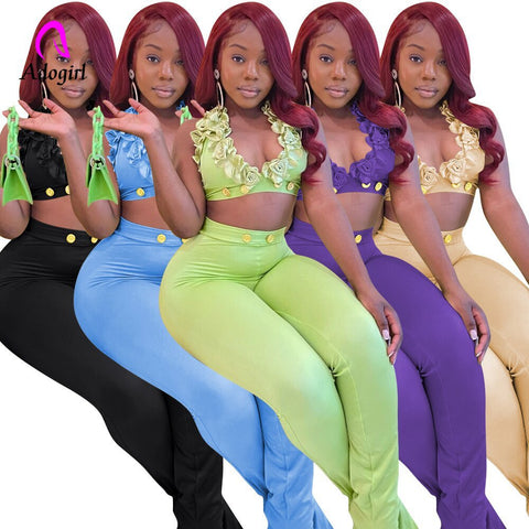3D Flower Stitching Women 2 Piece Set Halter Sleeveless Tank Top + Flare Pants Matching Set 2023 Spring Workout Activewear