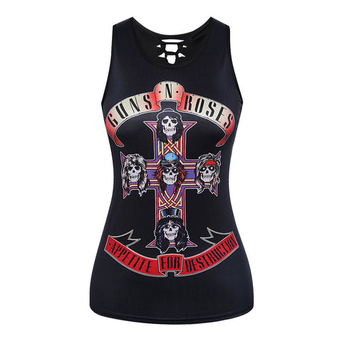 3D Printing GUNS N ROSES Women Tank Tops Summer Sleeveless O Neck Behind Hollow Out Black Top Tees Punk Rock Style Vest