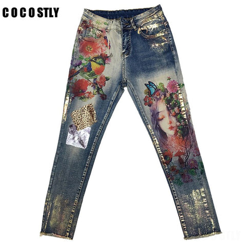 3D Stretchy Jeans With 3D Flowers Pattern Painted Pencil Pants Woman Elegant Style Denim Pants Trousers For Women Jeans
